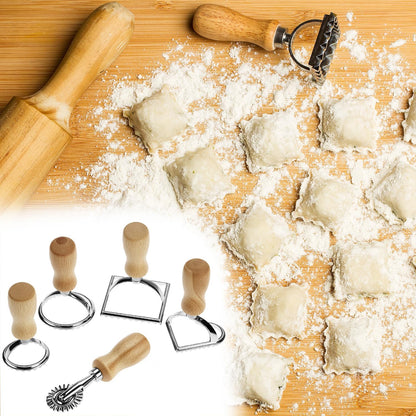 Ravioli Stamp Maker Cutter with Roller Wheel Set – Wood Handle, Sturdy Aluminum Frame, Precise Fluted Edges – Perfect for Ravioli, Pasta, Cookies