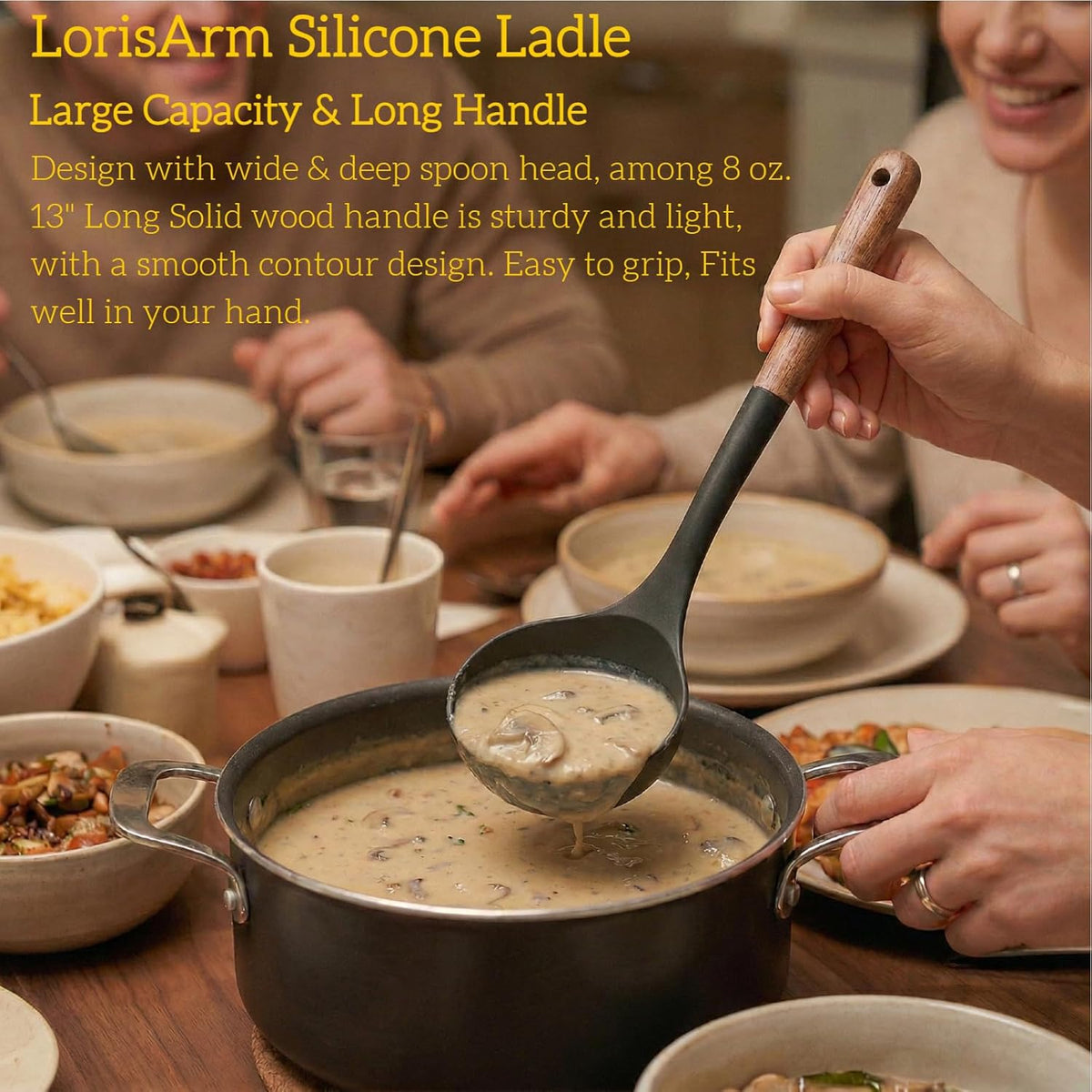 Large 13" Soup Ladle Spoon, 8 Ounce Wooden handle Silicone Ladle Spoons Non Stick Kitchen Utensils.