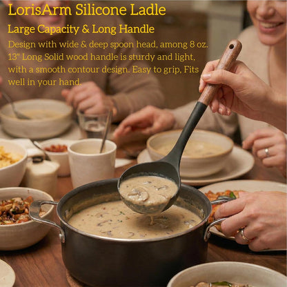 Large 13" Soup Ladle Spoon, 8 Ounce Wooden handle Silicone Ladle Spoons Non Stick Kitchen Utensils.