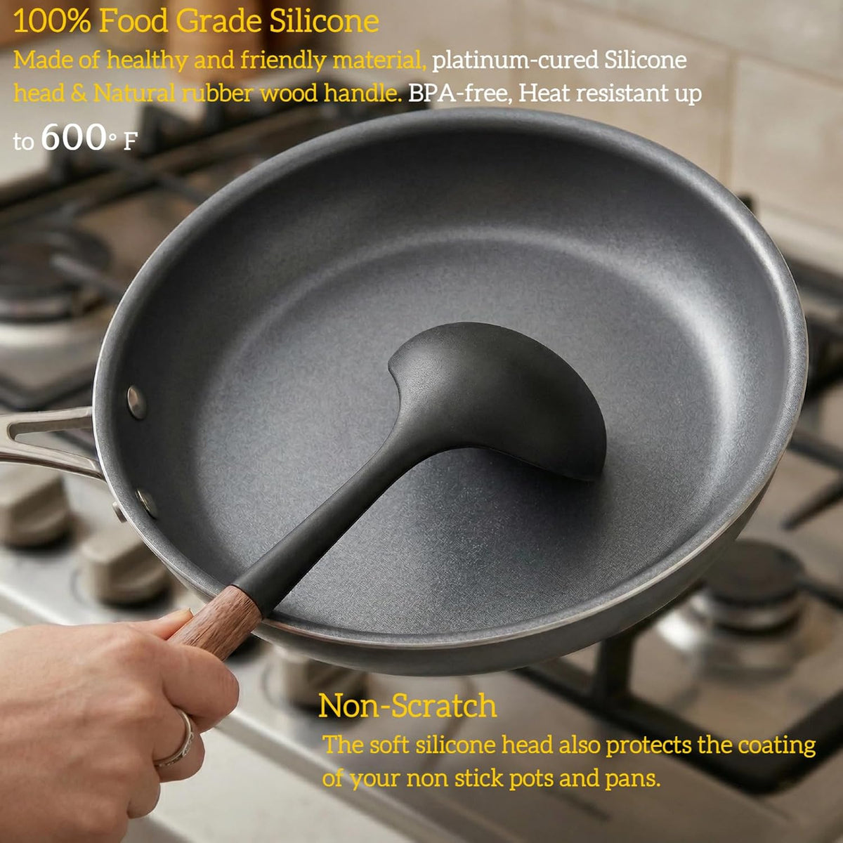 Large 13" Soup Ladle Spoon, 8 Ounce Wooden handle Silicone Ladle Spoons Non Stick Kitchen Utensils.