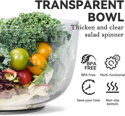 Manual Salad Spinner - Hand-Crank Vegetable & Lettuce Dryer for Washing, Spinning, and Draining Greens, Fruits, and Vegetables - Food-Grade Material, Easy-Clean Detachable Parts 4.2Qt.