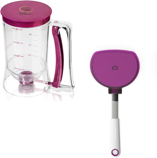Pancake Batter Dispenser and Pancake Spatula Flipper - Perfect Baking Tool for Cupcakes, Waffles, Crepes, Cake or Any Baked Goods (Purple) - Heat Resistant Wide Spatula Perfect for Pancakes