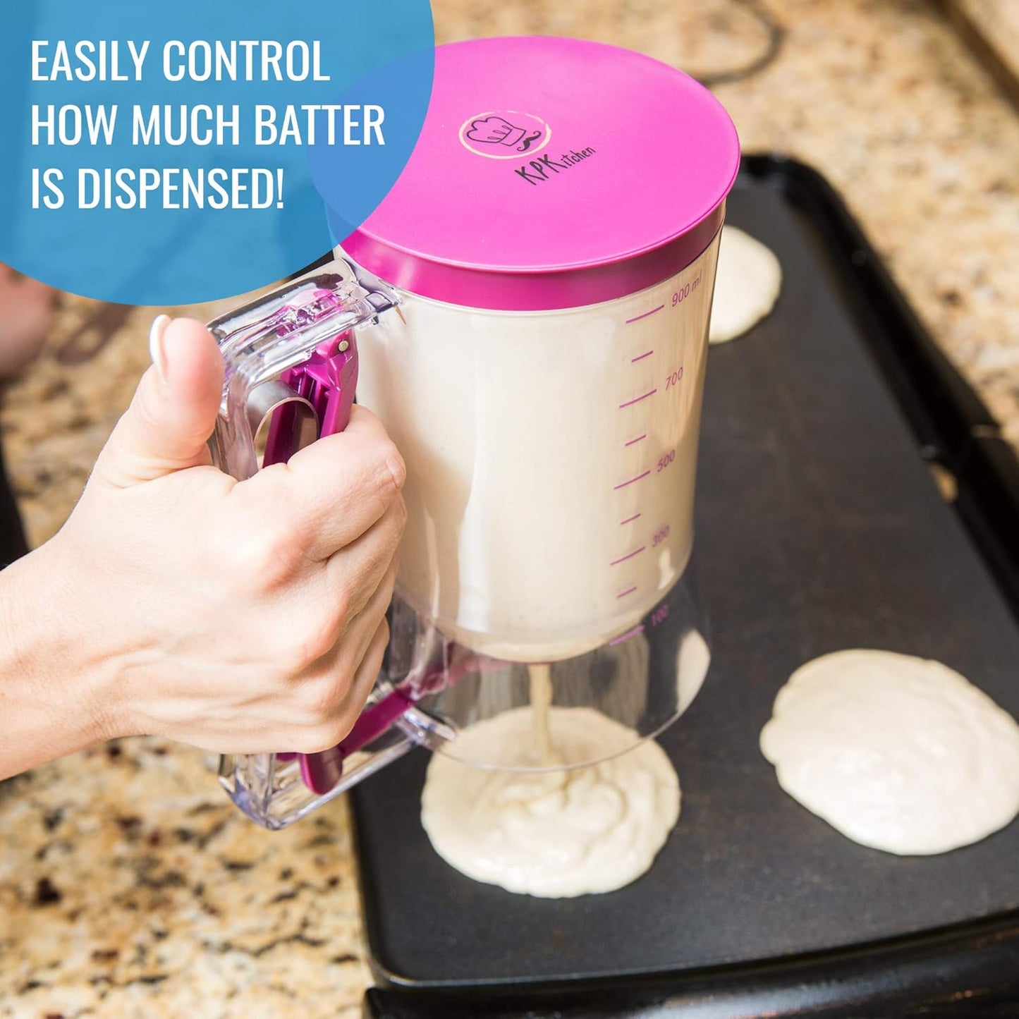Pancake Batter Dispenser and Pancake Spatula Flipper - Perfect Baking Tool for Cupcakes, Waffles, Crepes, Cake or Any Baked Goods (Purple) - Heat Resistant Wide Spatula Perfect for Pancakes