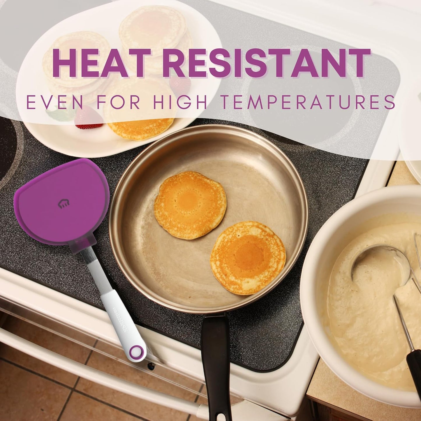 Pancake Batter Dispenser and Pancake Spatula Flipper - Perfect Baking Tool for Cupcakes, Waffles, Crepes, Cake or Any Baked Goods (Purple) - Heat Resistant Wide Spatula Perfect for Pancakes