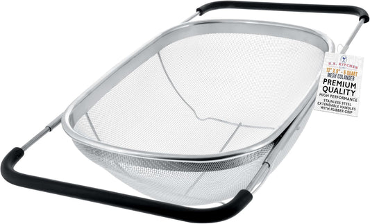 Stainless Steel Colander Strainer - 6-Quart Collapsible Colander with Expandable Rubber Handles - Rectangular Sieve, Fine Mesh Stainless Steel Strainers and Colanders for Kitchen