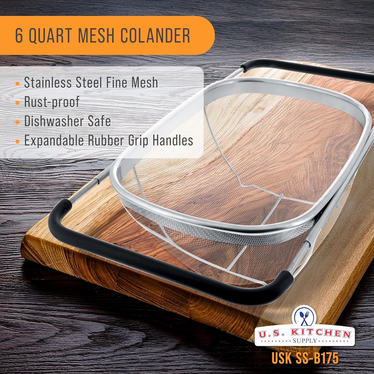 Stainless Steel Colander Strainer - 6-Quart Collapsible Colander with Expandable Rubber Handles - Rectangular Sieve, Fine Mesh Stainless Steel Strainers and Colanders for Kitchen
