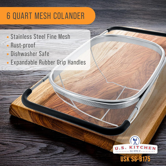 Stainless Steel Colander Strainer - 6-Quart Collapsible Colander with Expandable Rubber Handles - Rectangular Sieve, Fine Mesh Stainless Steel Strainers and Colanders for Kitchen