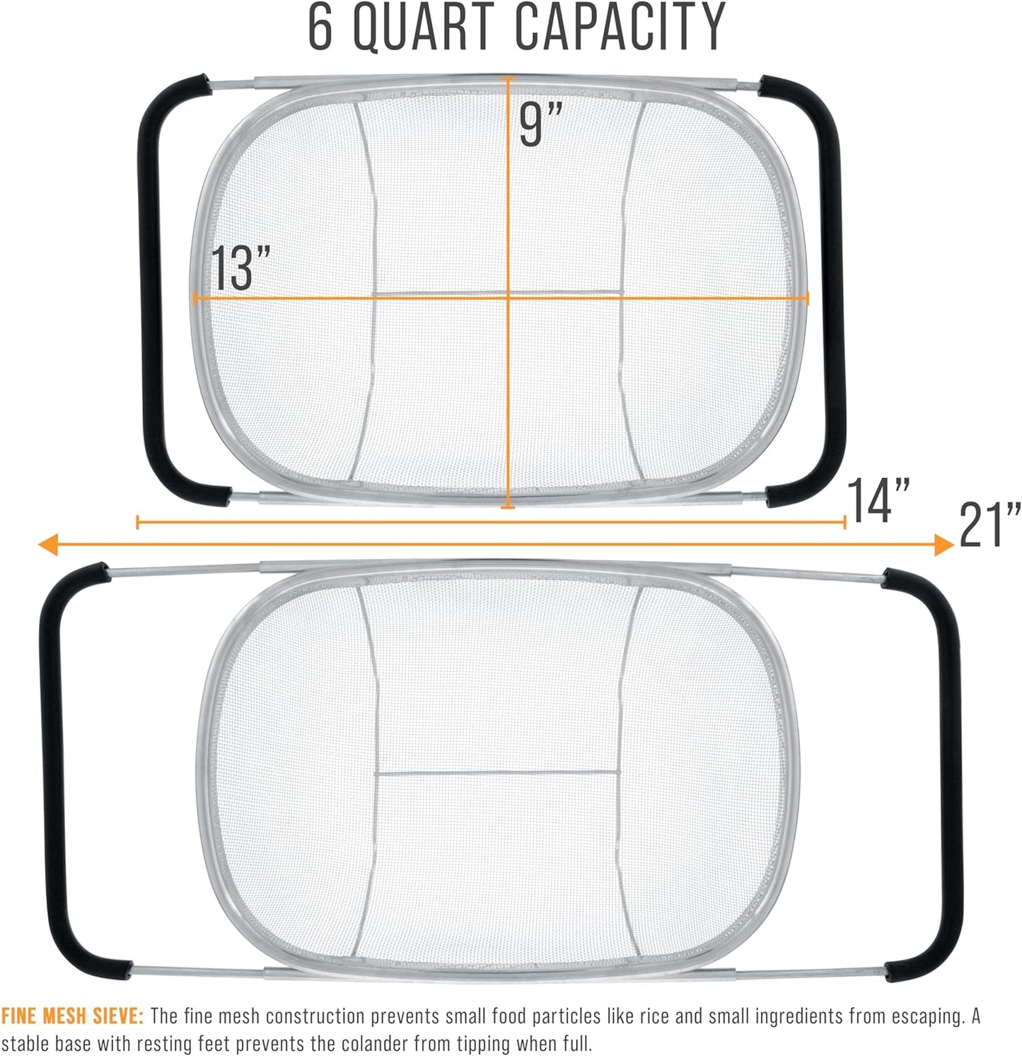 Stainless Steel Colander Strainer - 6-Quart Collapsible Colander with Expandable Rubber Handles - Rectangular Sieve, Fine Mesh Stainless Steel Strainers and Colanders for Kitchen