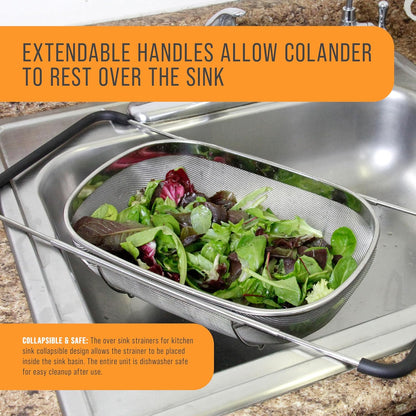 Stainless Steel Colander Strainer - 6-Quart Collapsible Colander with Expandable Rubber Handles - Rectangular Sieve, Fine Mesh Stainless Steel Strainers and Colanders for Kitchen