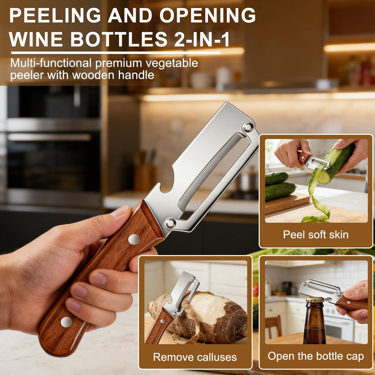 Vegetable Peeler Potato Peeler with Wooden Handle, Sharp Stainless Steel Blade Peelers for Kitchen for Fruit Veggie Apple Potato Carrot Pumpkin Papaya, Built-in Bottle Opener, 2pcs