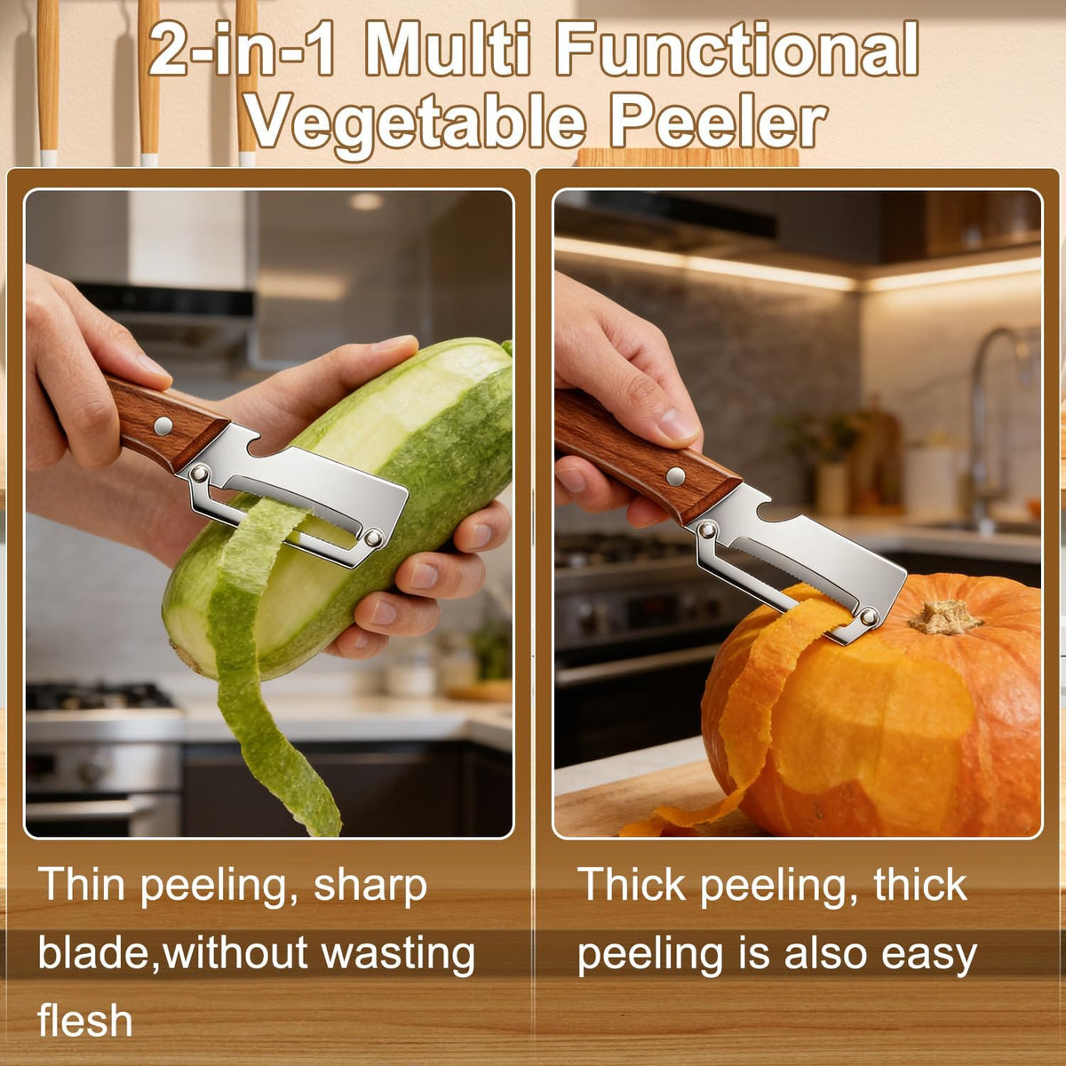Vegetable Peeler Potato Peeler with Wooden Handle, Sharp Stainless Steel Blade Peelers for Kitchen for Fruit Veggie Apple Potato Carrot Pumpkin Papaya, Built-in Bottle Opener, 2pcs