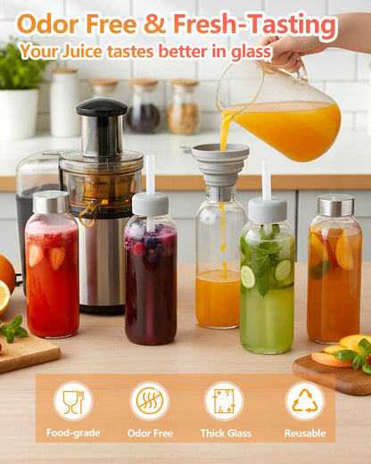 Zukro 12 oz Glass Juice Bottles with Lids, Airtight & Leak proof, Reusable Clear Small Glass Bottle With Stainless Steel Cap for Juicing, Water, Smoothie & Milk, Dishwasher Safe & BPA Free, 12 Pack