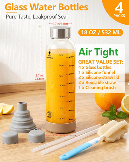 Zukro 12 oz Glass Juice Bottles with Lids, Airtight & Leak proof, Reusable Clear Small Glass Bottle With Stainless Steel Cap for Juicing, Water, Smoothie & Milk, Dishwasher Safe & BPA Free, 12 Pack