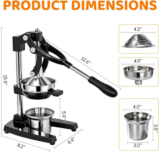 Cast Iron Juicer Heavy Duty Manual Juicer Easy to Clean, Oranges, Lemons, Pomegranates Cast Iron Juicer Manual Hand Press Citrus Squeezer with Stainless Steel Cup Black