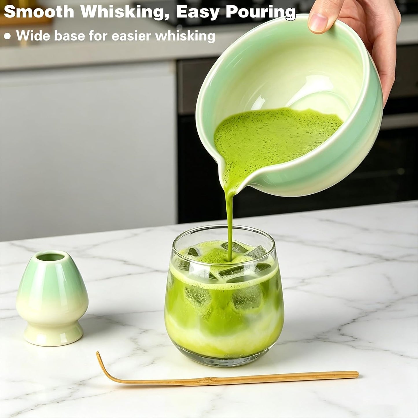 Matcha Whisk Set, Japanese Tea Set Includes Matcha Bowl with Spout, Bamboo Whisk, Ceramic Chasen Holder, Scoop, Sifter, 5 pcs Traditional Tea Making Kit for Matcha Lovers Women Men