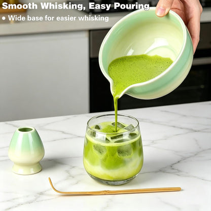 Matcha Whisk Set, Japanese Tea Set Includes Matcha Bowl with Spout, Bamboo Whisk, Ceramic Chasen Holder, Scoop, Sifter, 5 pcs Traditional Tea Making Kit for Matcha Lovers Women Men