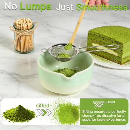 Matcha Whisk Set, Japanese Tea Set Includes Matcha Bowl with Spout, Bamboo Whisk, Ceramic Chasen Holder, Scoop, Sifter, 5 pcs Traditional Tea Making Kit for Matcha Lovers Women Men