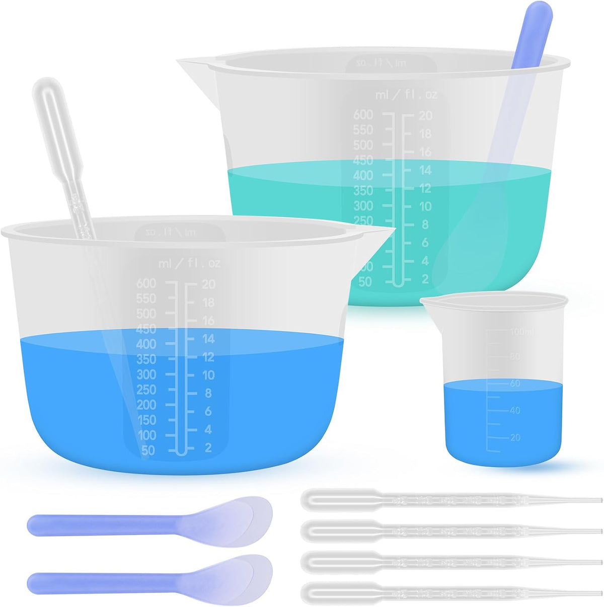 Silicone Resin Mixing Measuring Cups for Resin Supplies, Easy-to-Read Marks, 600ml/20oz Bowl, 250&100ml Thickened Reusable Silicone Cups for Epoxy Mixing, with Stir Sticks, Jewelry Making