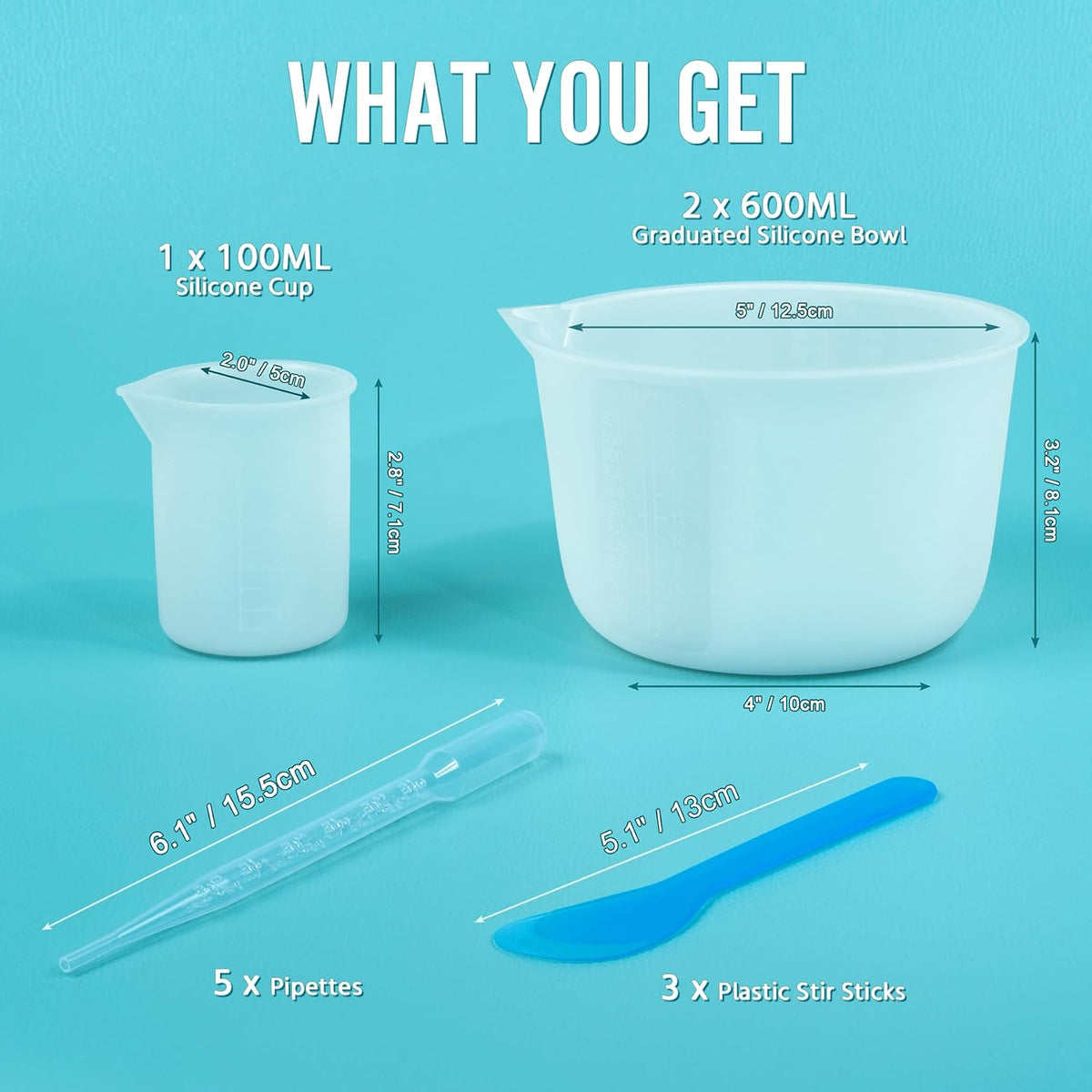 Silicone Resin Mixing Measuring Cups for Resin Supplies, Easy-to-Read Marks, 600ml/20oz Bowl, 250&100ml Thickened Reusable Silicone Cups for Epoxy Mixing, with Stir Sticks, Jewelry Making