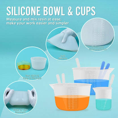 Silicone Resin Mixing Measuring Cups for Resin Supplies, Easy-to-Read Marks, 600ml/20oz Bowl, 250&100ml Thickened Reusable Silicone Cups for Epoxy Mixing, with Stir Sticks, Jewelry Making