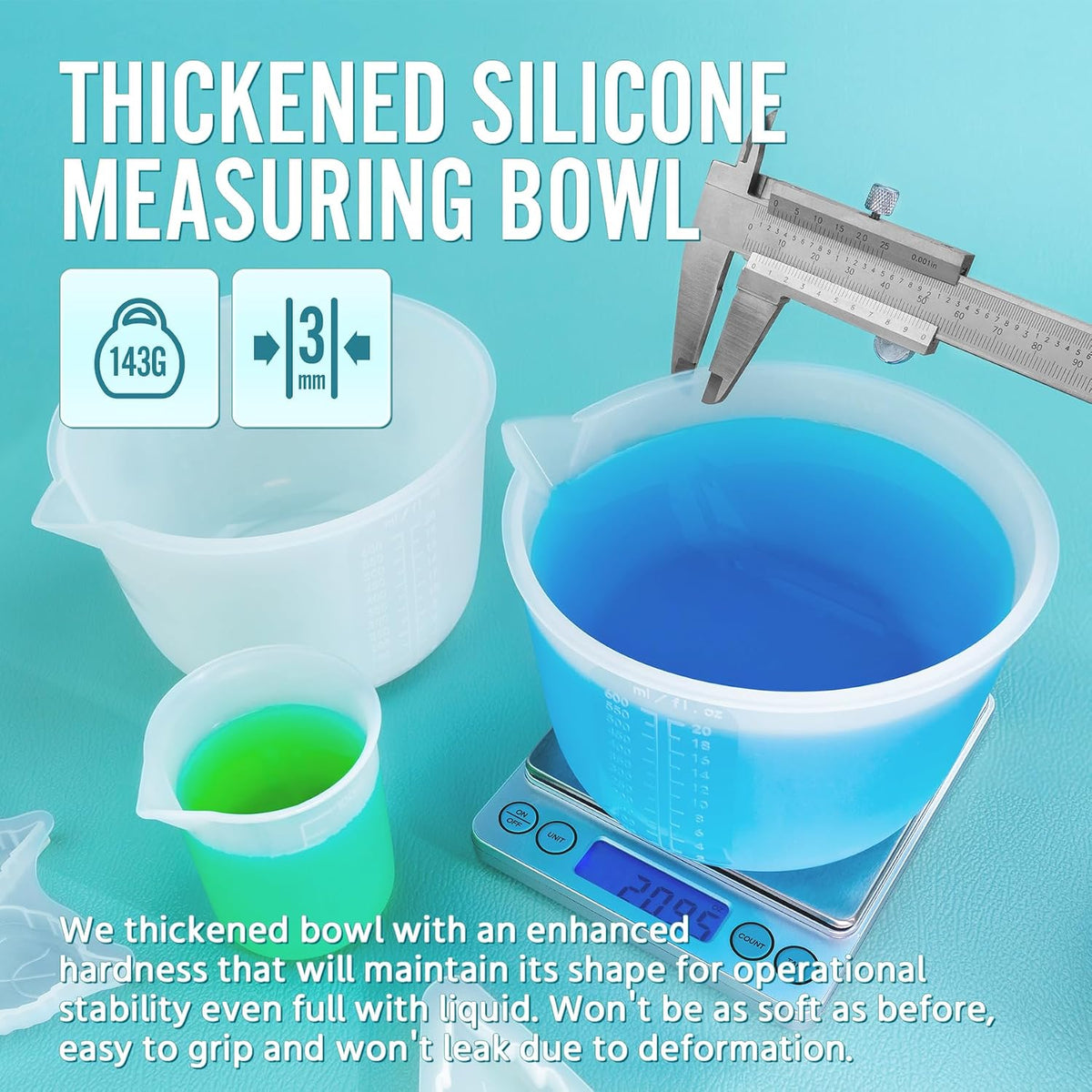 Silicone Resin Mixing Measuring Cups for Resin Supplies, Easy-to-Read Marks, 600ml/20oz Bowl, 250&100ml Thickened Reusable Silicone Cups for Epoxy Mixing, with Stir Sticks, Jewelry Making