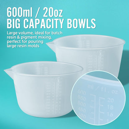 Silicone Resin Mixing Measuring Cups for Resin Supplies, Easy-to-Read Marks, 600ml/20oz Bowl, 250&100ml Thickened Reusable Silicone Cups for Epoxy Mixing, with Stir Sticks, Jewelry Making