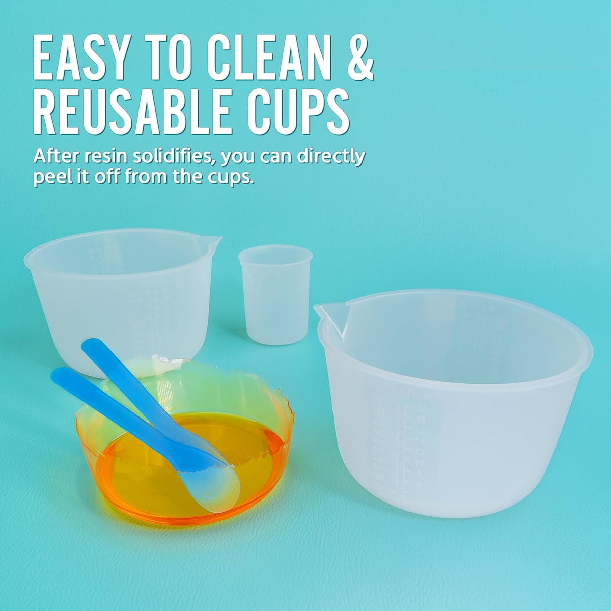 Silicone Resin Mixing Measuring Cups for Resin Supplies, Easy-to-Read Marks, 600ml/20oz Bowl, 250&100ml Thickened Reusable Silicone Cups for Epoxy Mixing, with Stir Sticks, Jewelry Making