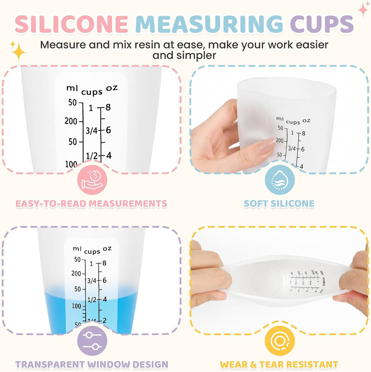 Silicone Resin Mixing Measuring Cups for Resin Supplies, Easy-to-Read Marks, 600ml/20oz Bowl, 250&100ml Thickened Reusable Silicone Cups for Epoxy Mixing, with Stir Sticks, Jewelry Making