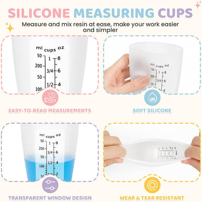 Silicone Resin Mixing Measuring Cups for Resin Supplies, Easy-to-Read Marks, 600ml/20oz Bowl, 250&100ml Thickened Reusable Silicone Cups for Epoxy Mixing, with Stir Sticks, Jewelry Making