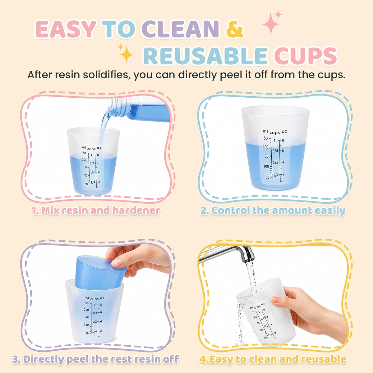 Silicone Resin Mixing Measuring Cups for Resin Supplies, Easy-to-Read Marks, 600ml/20oz Bowl, 250&100ml Thickened Reusable Silicone Cups for Epoxy Mixing, with Stir Sticks, Jewelry Making