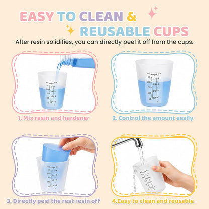 Silicone Resin Mixing Measuring Cups for Resin Supplies, Easy-to-Read Marks, 600ml/20oz Bowl, 250&100ml Thickened Reusable Silicone Cups for Epoxy Mixing, with Stir Sticks, Jewelry Making