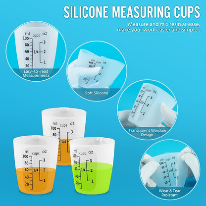 Silicone Resin Mixing Measuring Cups for Resin Supplies, Easy-to-Read Marks, 600ml/20oz Bowl, 250&100ml Thickened Reusable Silicone Cups for Epoxy Mixing, with Stir Sticks, Jewelry Making