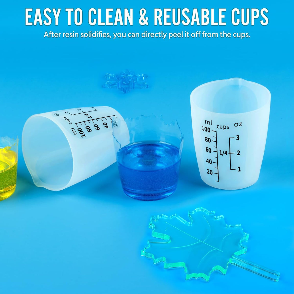 Silicone Resin Mixing Measuring Cups for Resin Supplies, Easy-to-Read Marks, 600ml/20oz Bowl, 250&100ml Thickened Reusable Silicone Cups for Epoxy Mixing, with Stir Sticks, Jewelry Making