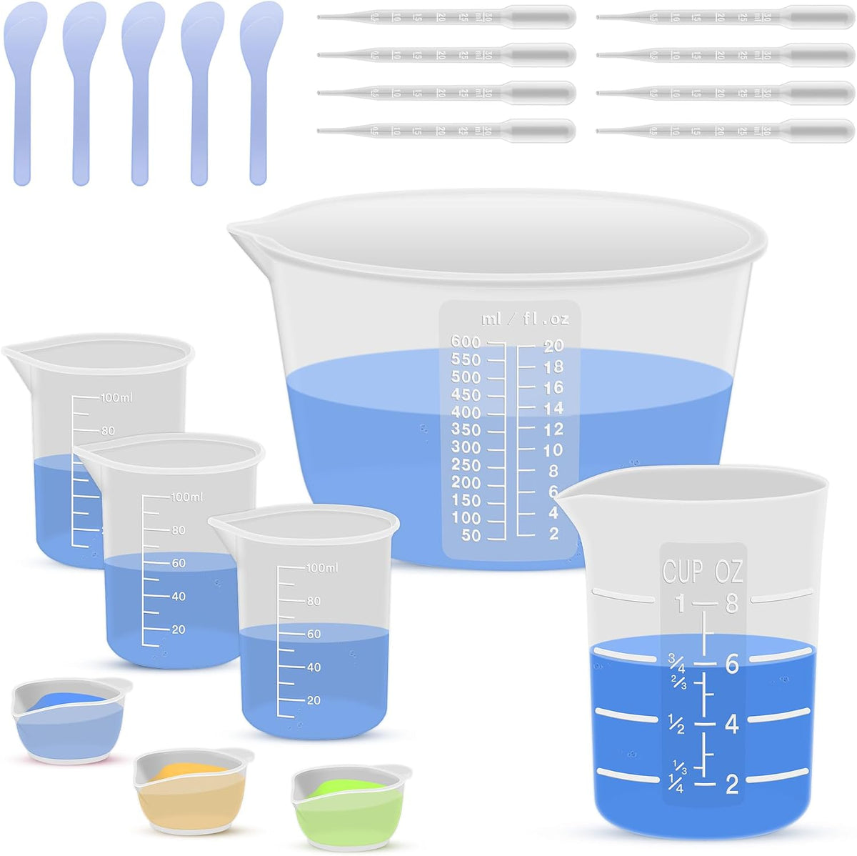Silicone Resin Mixing Measuring Cups for Resin Supplies, Easy-to-Read Marks, 600ml/20oz Bowl, 250&100ml Thickened Reusable Silicone Cups for Epoxy Mixing, with Stir Sticks, Jewelry Making