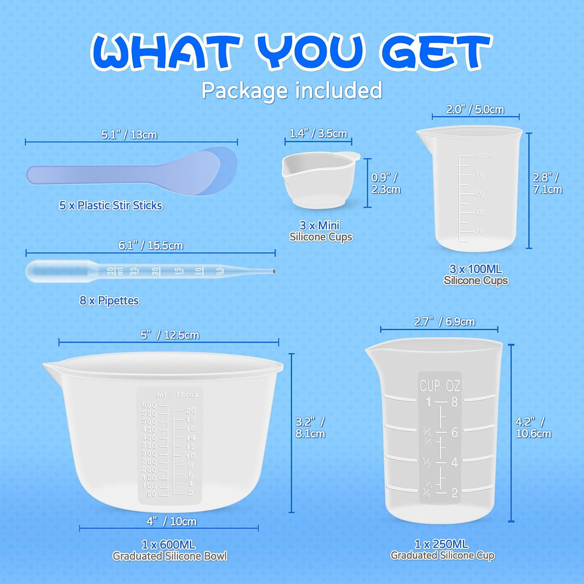 Silicone Resin Mixing Measuring Cups for Resin Supplies, Easy-to-Read Marks, 600ml/20oz Bowl, 250&100ml Thickened Reusable Silicone Cups for Epoxy Mixing, with Stir Sticks, Jewelry Making