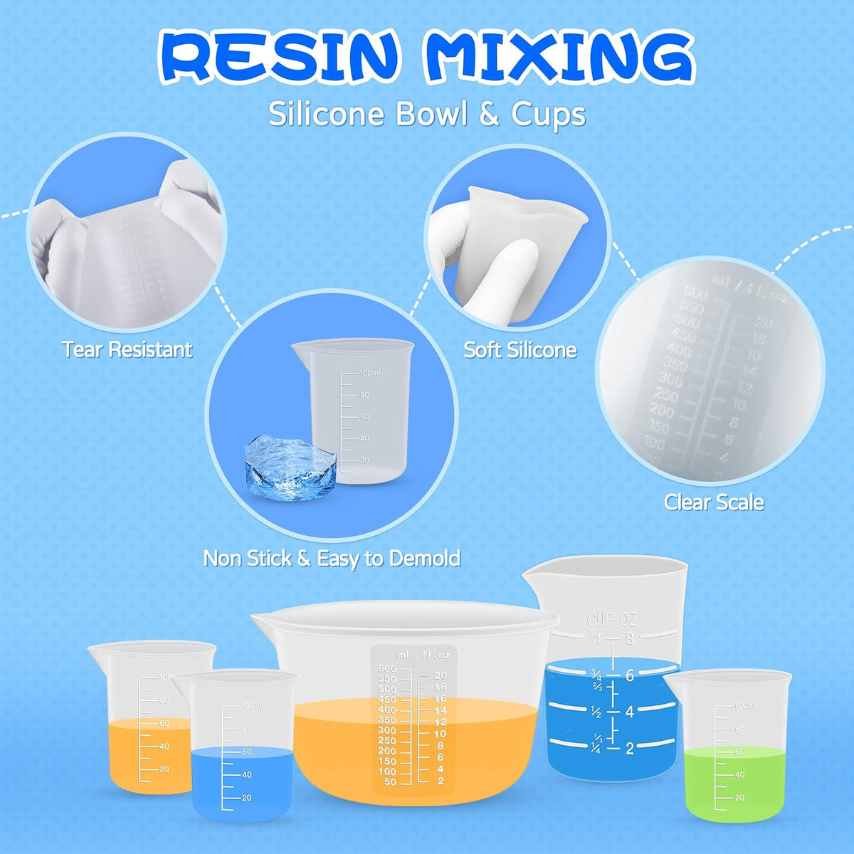 Silicone Resin Mixing Measuring Cups for Resin Supplies, Easy-to-Read Marks, 600ml/20oz Bowl, 250&100ml Thickened Reusable Silicone Cups for Epoxy Mixing, with Stir Sticks, Jewelry Making