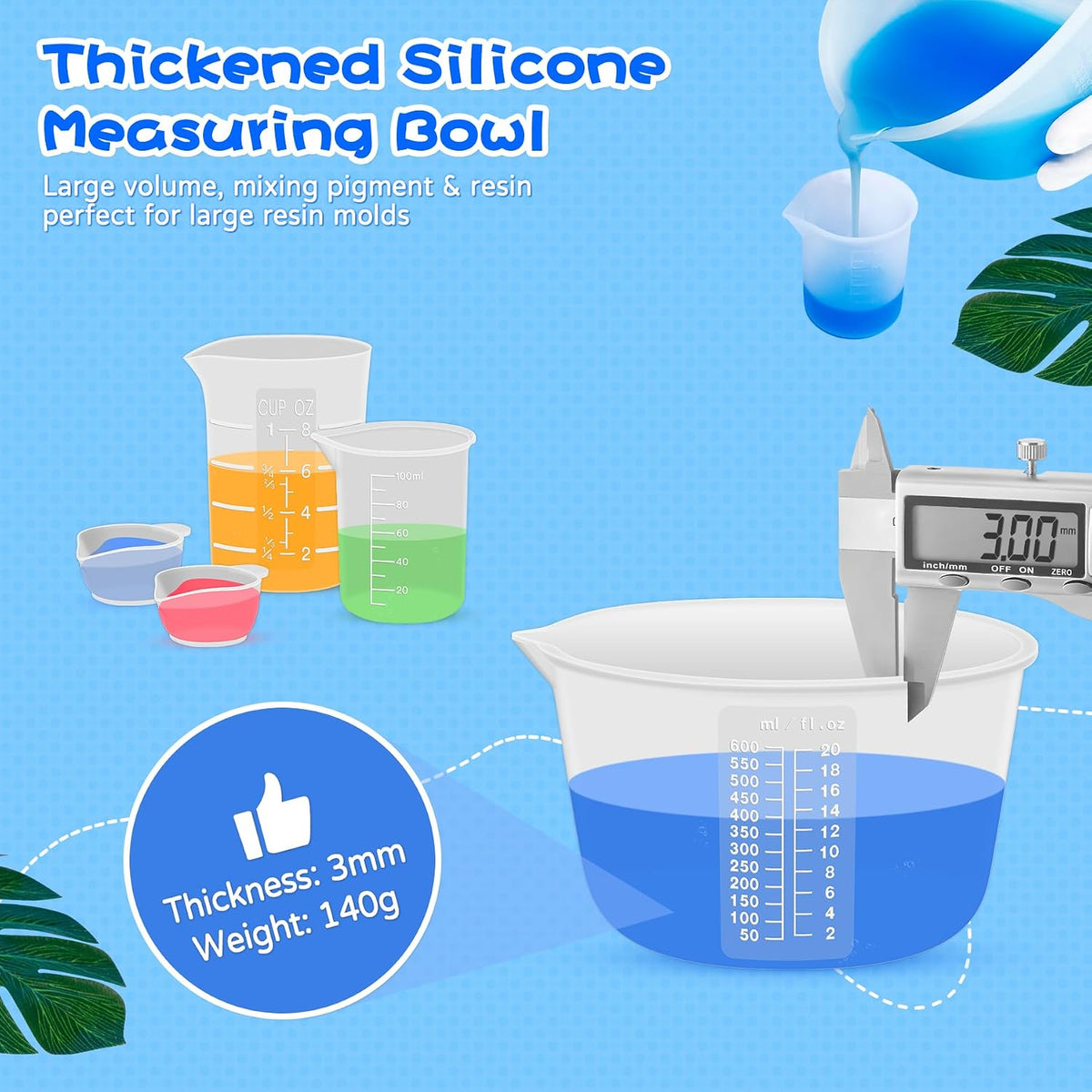 Silicone Resin Mixing Measuring Cups for Resin Supplies, Easy-to-Read Marks, 600ml/20oz Bowl, 250&100ml Thickened Reusable Silicone Cups for Epoxy Mixing, with Stir Sticks, Jewelry Making