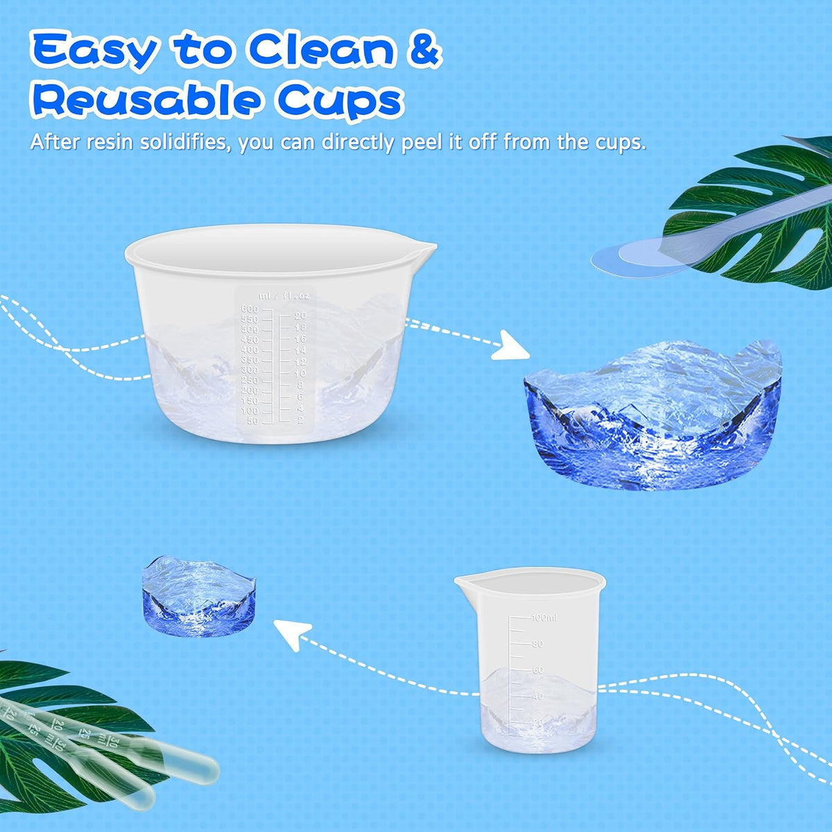 Silicone Resin Mixing Measuring Cups for Resin Supplies, Easy-to-Read Marks, 600ml/20oz Bowl, 250&100ml Thickened Reusable Silicone Cups for Epoxy Mixing, with Stir Sticks, Jewelry Making