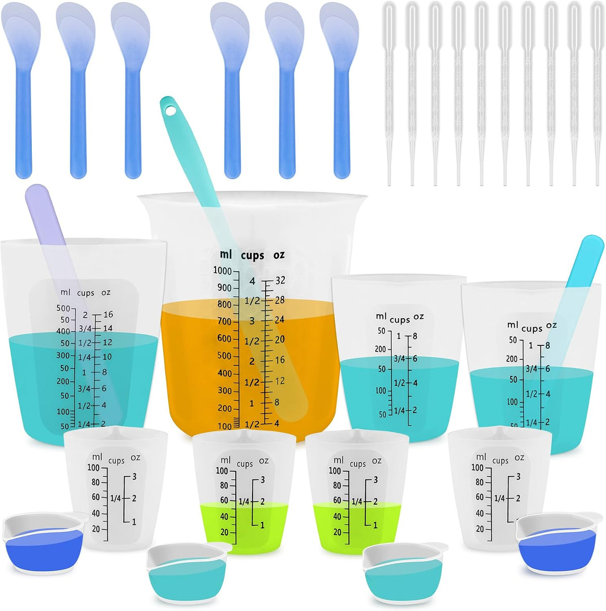 Silicone Resin Mixing Measuring Cups for Resin Supplies, Easy-to-Read Marks, 600ml/20oz Bowl, 250&100ml Thickened Reusable Silicone Cups for Epoxy Mixing, with Stir Sticks, Jewelry Making