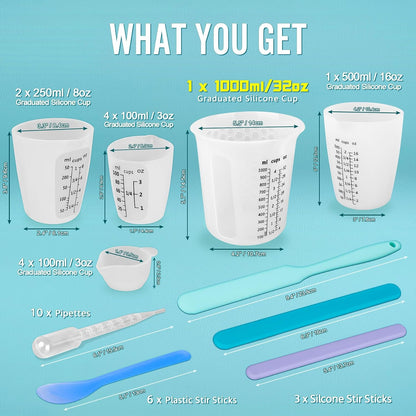 Silicone Resin Mixing Measuring Cups for Resin Supplies, Easy-to-Read Marks, 600ml/20oz Bowl, 250&100ml Thickened Reusable Silicone Cups for Epoxy Mixing, with Stir Sticks, Jewelry Making