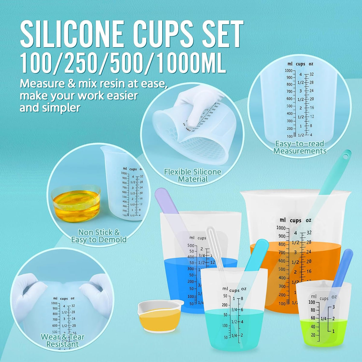Silicone Resin Mixing Measuring Cups for Resin Supplies, Easy-to-Read Marks, 600ml/20oz Bowl, 250&100ml Thickened Reusable Silicone Cups for Epoxy Mixing, with Stir Sticks, Jewelry Making