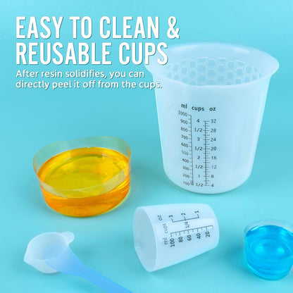 Silicone Resin Mixing Measuring Cups for Resin Supplies, Easy-to-Read Marks, 600ml/20oz Bowl, 250&100ml Thickened Reusable Silicone Cups for Epoxy Mixing, with Stir Sticks, Jewelry Making