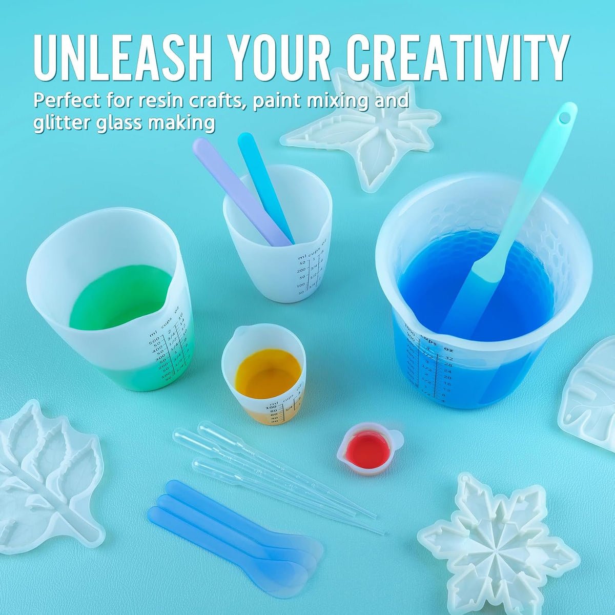 Silicone Resin Mixing Measuring Cups for Resin Supplies, Easy-to-Read Marks, 600ml/20oz Bowl, 250&100ml Thickened Reusable Silicone Cups for Epoxy Mixing, with Stir Sticks, Jewelry Making