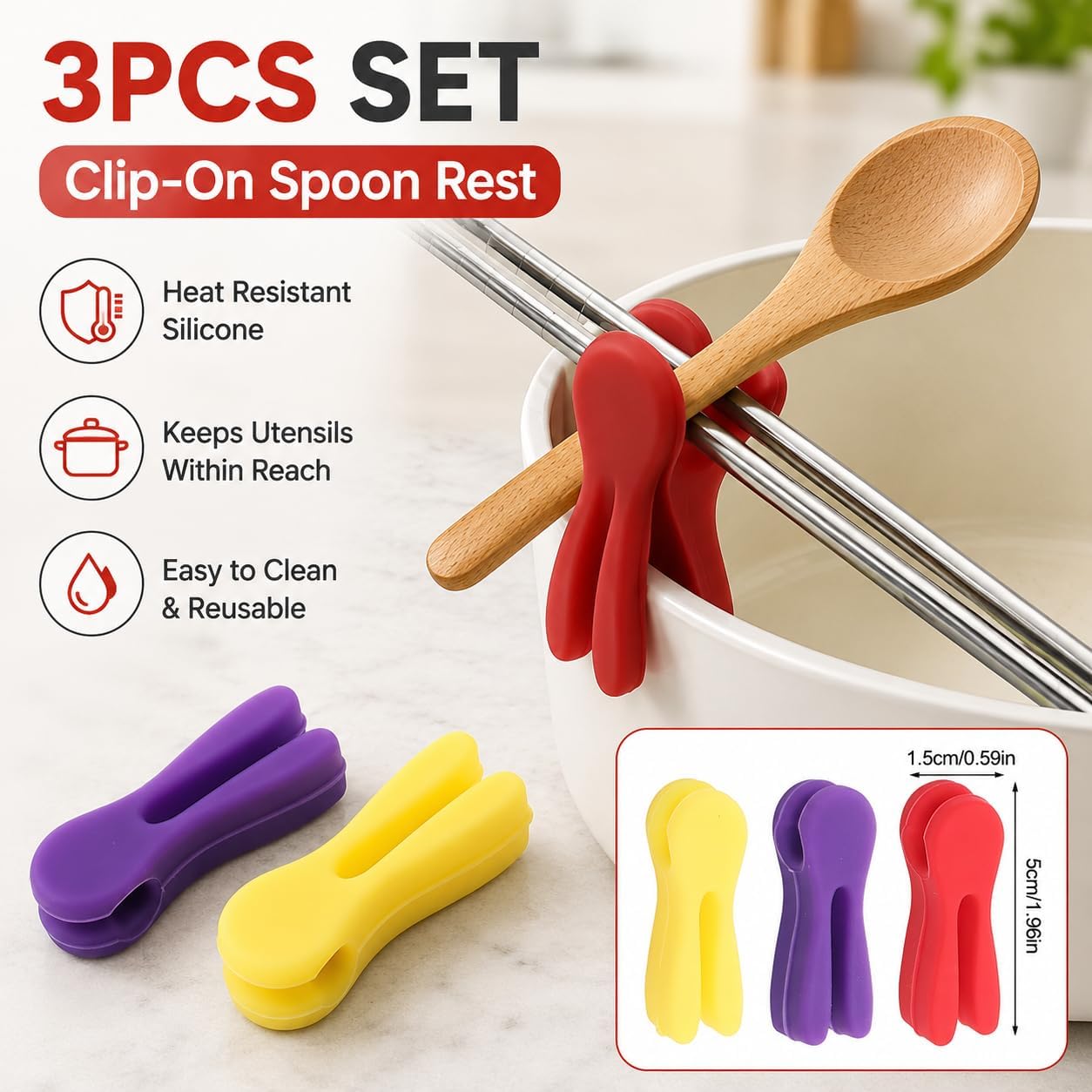 3Pcs Silicone Pot Clip Spoon Rest, Utensil Pot Clip Heat Resistant Kitchen Utensil Holder, Bracket Clips Chopstick Cutlery Rests，for Stove Top Rest Kitchen Spoon Holder