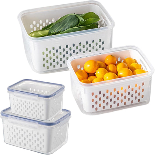 2 Pcs Fruit Storage Containers for Fridge,with Removable Colanders and Lid Food Storage Containers Fruit Washing Bowl for Salad Vegetables Meat Keeper Fresh(COLOR:Clear White)