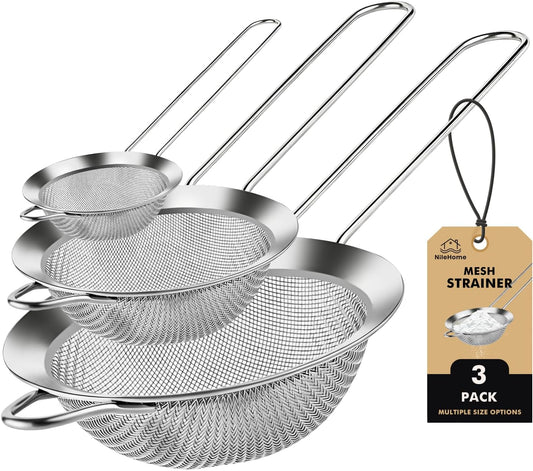 3 Piece Mesh Strainers, Stainless Steel Strainer for Sifting, Straining, Cooking Kitchen Strainers Fine Mesh for Flour, Pasta, Loose Tea, Fruit, and Rice, Silver(2.8"+4.6"+6.3")