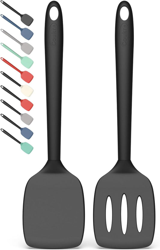 2 Pack Silicone Spatula Set,High Heat Resistant, BPA-Free | Dishwasher Safe Kitchen Spatula for Nonstick Pans, Solid & Slotted Turners for Cooking, Sautéing, and Flipping, PureBlack