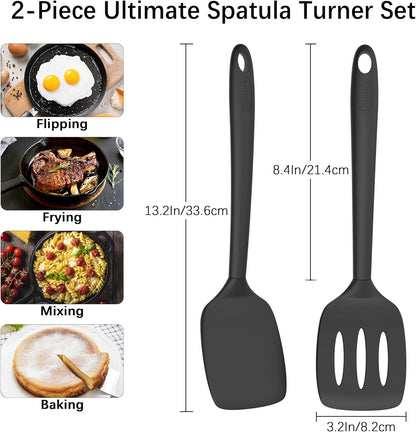 2 Pack Silicone Spatula Set,High Heat Resistant, BPA-Free | Dishwasher Safe Kitchen Spatula for Nonstick Pans, Solid & Slotted Turners for Cooking, Sautéing, and Flipping, PureBlack