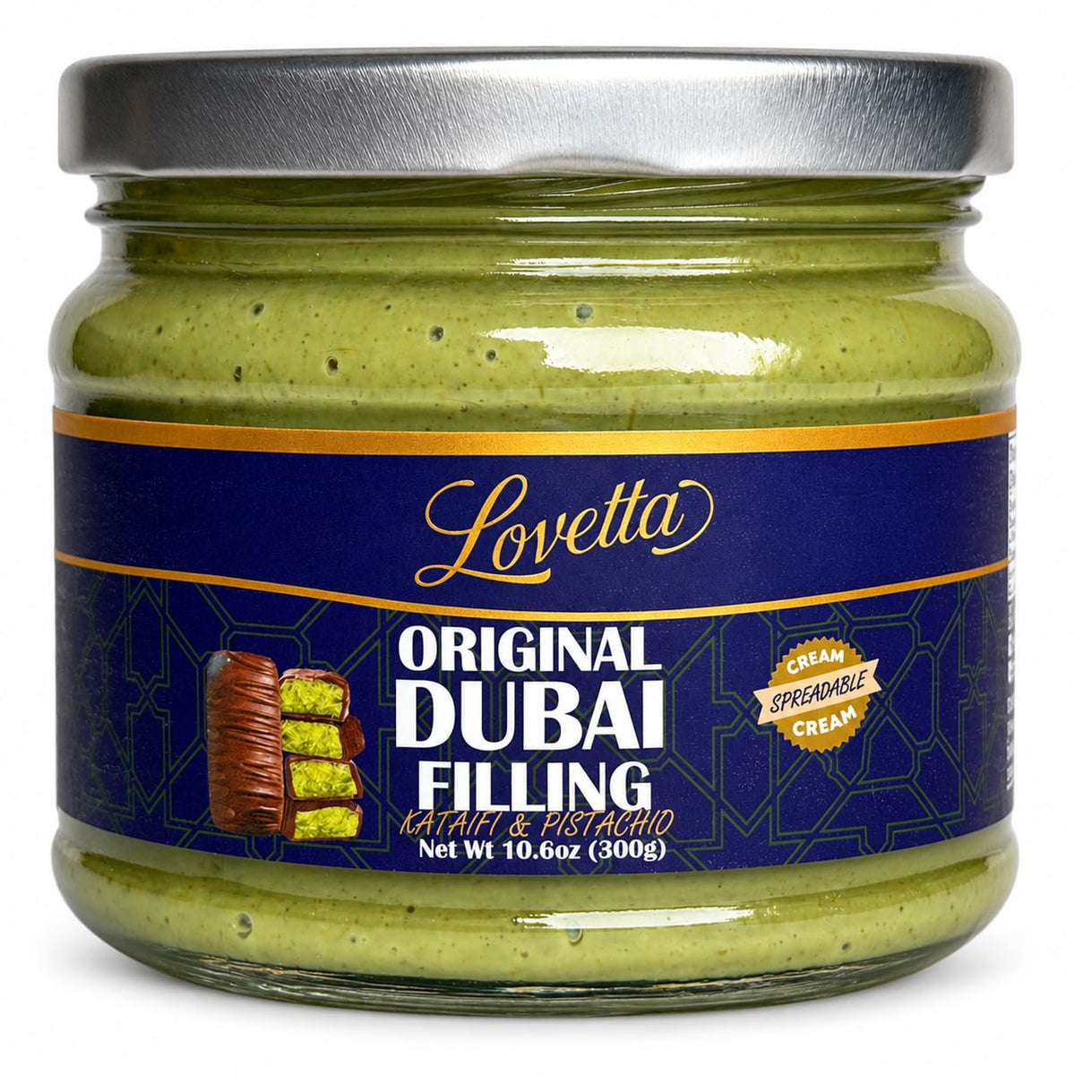 Lovetta Dubai Filling Pistachio & Knafeh 10.6oz (300g) Jar – Dubai Chocolate Bar Spread, Rich Pistachio & Knafeh Cream, Gourmet Filling for Desserts, Pastries & Kataifi Bars – Ready to Use