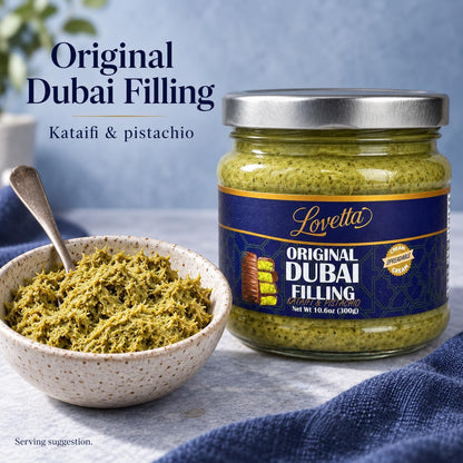 Lovetta Dubai Filling Pistachio & Knafeh 10.6oz (300g) Jar – Dubai Chocolate Bar Spread, Rich Pistachio & Knafeh Cream, Gourmet Filling for Desserts, Pastries & Kataifi Bars – Ready to Use